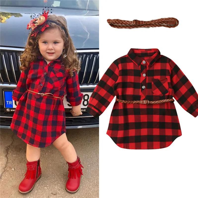 Christmas Toddler Kids Baby Girls Dress Red Plaid Cotton Princess Party Long Sleeve Dress Clothes