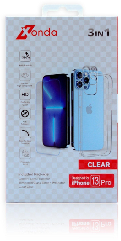 Xonda 3 in 1 iPhone 13 Pro Case, Screen Protector, Camera Lens, Clear