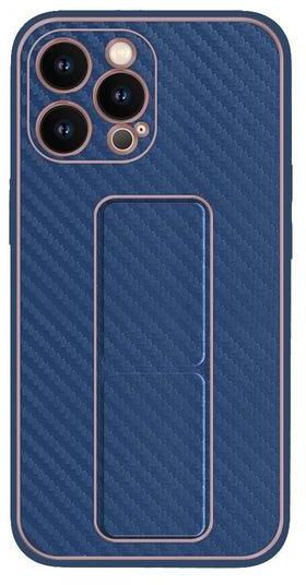 iPhone 13 Pro Max Carbon Fiber Texture Case Cover with Finger Grip Loop and Foldable Stand Blue