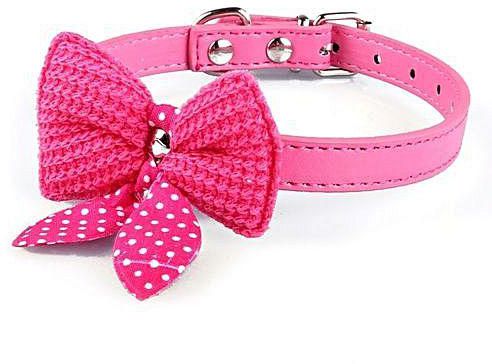 Eissely Knit Bowknot Adjustable PU Leather Dog Puppy Pet Collars Necklace Hot Pink