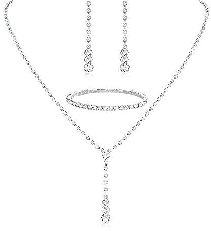 Silver Bridal Jewelry Set Rhinestone Necklace Bracelet Dangle Earrings for Bride Bridesmaid Teardrop Pendant Crystal Wedding Prom Jewelry Accessories for Women