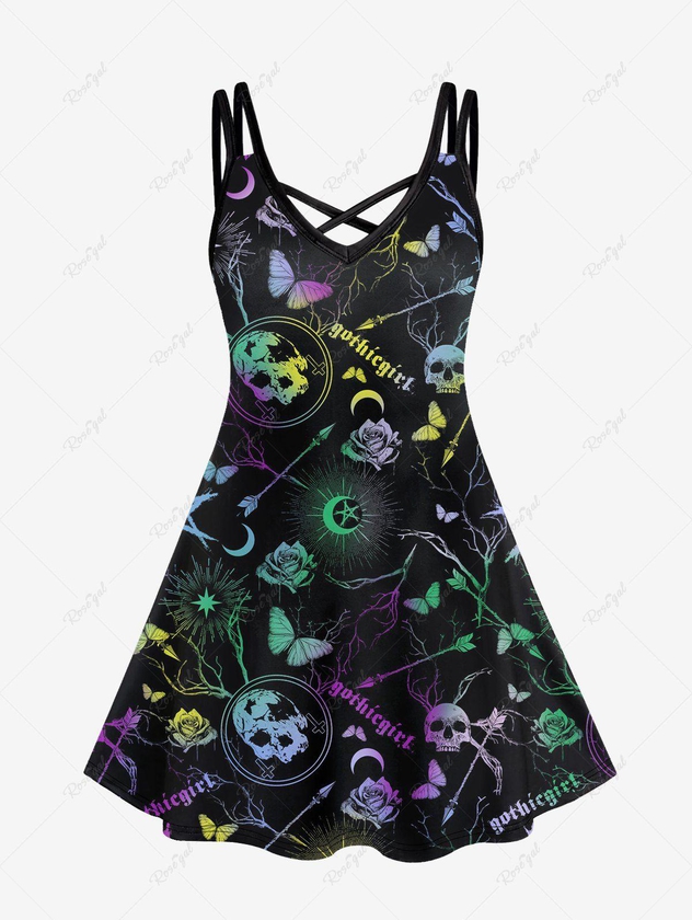 Gothic Galaxy Skull Butterfly Flower Print Crisscross Cami Dress - 6x
