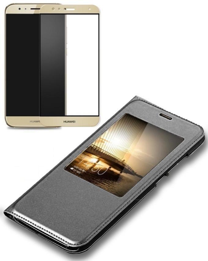 Window View Cover For Huawei G8 - Black Plus Full Curve Glass Screen Protector - Gold