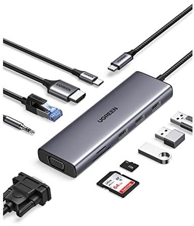 موزع USB C، قاعدة توصيل C 10 في 1 شاشة مزدوجة مع HDMI 4K وVGA وايثرنت وتوصيل طاقة 100واط و3 منافذ بيانات USB-A 3.0 وفتحات بطاقات SD/TF وصوت 3.5 ملم لماك بوك برو واكس بي اس وثينك باد من يوجرين، رمادي
