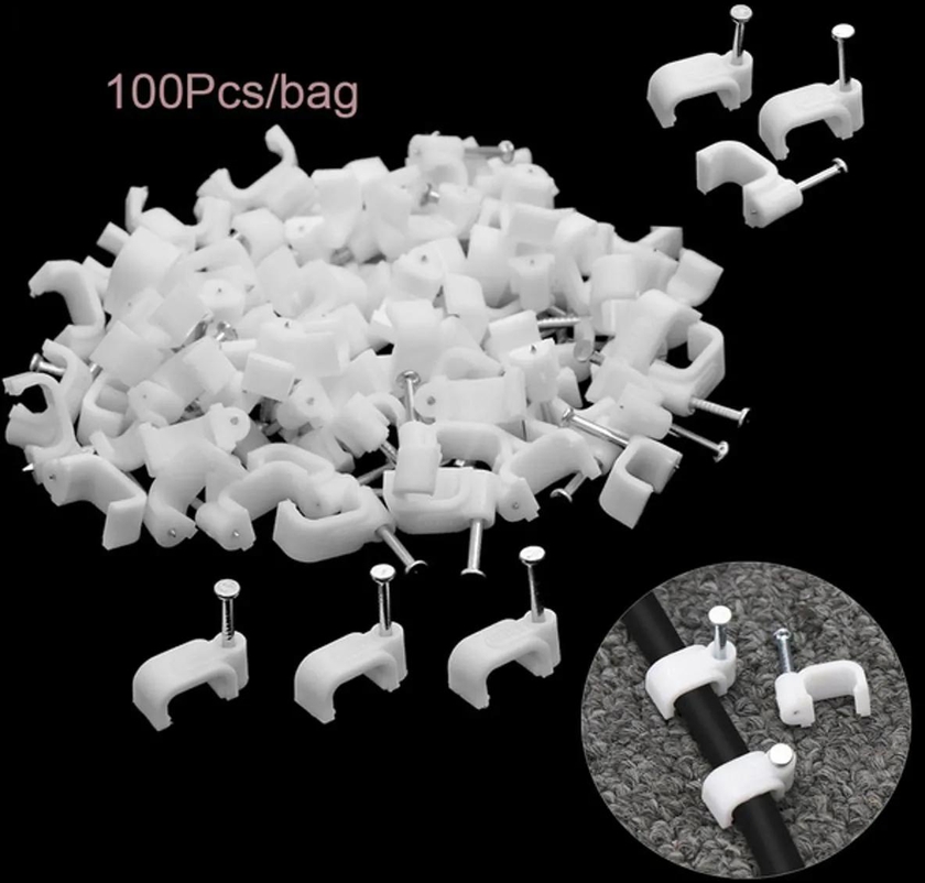 100pcs 10mm Square Steel Nail Cable Wire Wall Hanging Screw Clips Cable Clips