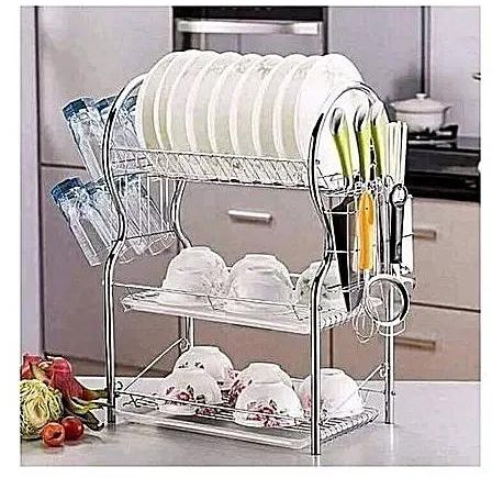 3-Tier Dish Rack / Utensils Rack Stainless Steel with Drain Board silver