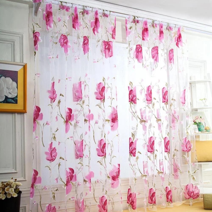 Ink Wash Large Floral Window Curtain - Adhesive Printed Curtain for Bedroom & Living Room, 100cm x 270cm, Rod Pocket Installation