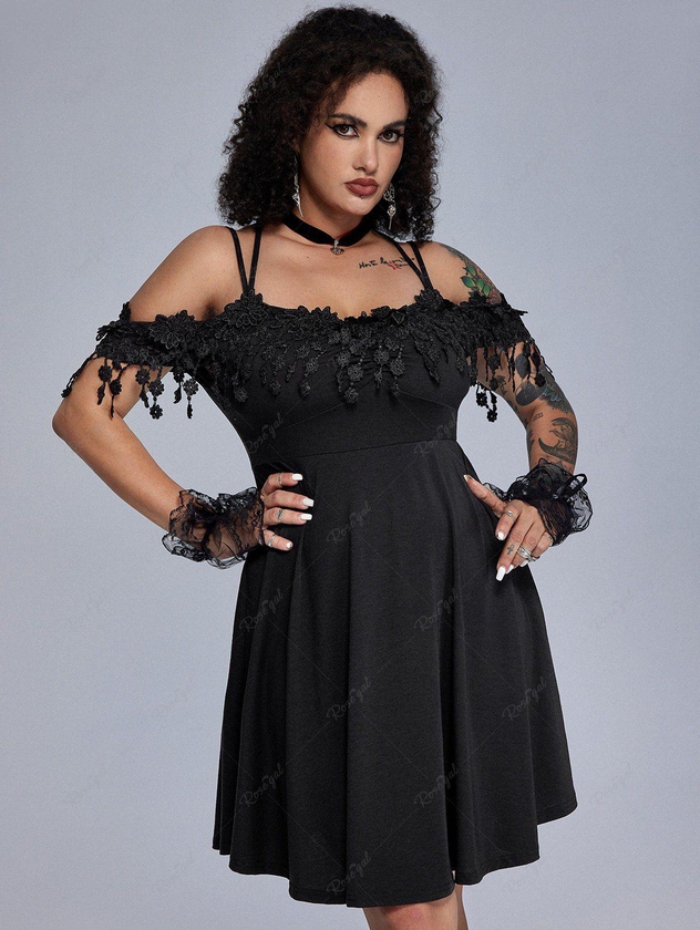 Gothic Guipure Lace Applique Tassel Crisscross Cold Shoulder Dress - L | Us 12