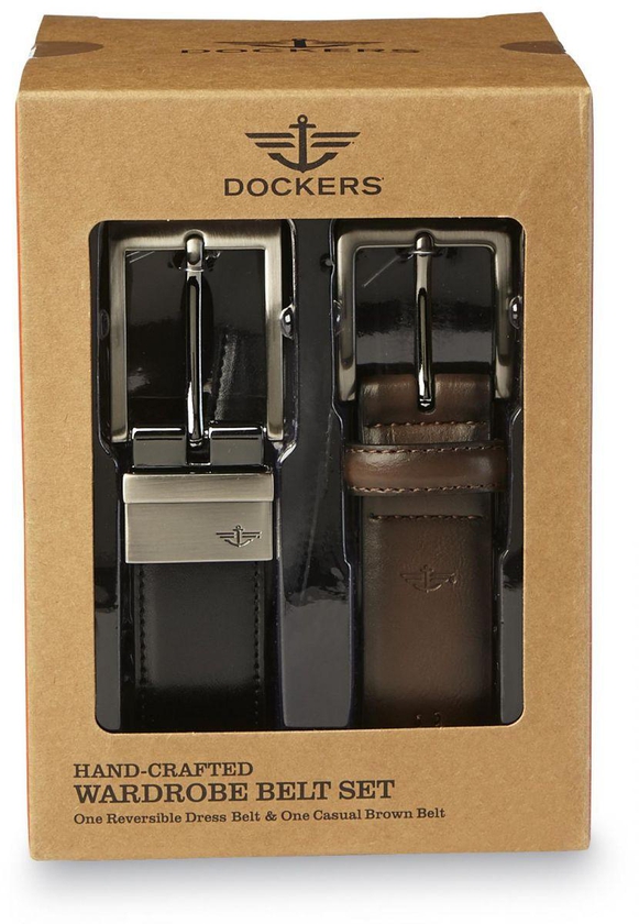 Dockers 2 Belts in Box Set for Men, Leather, Multi Color, M