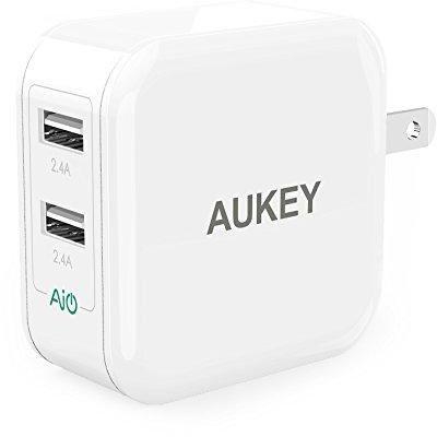 AUKEY USB Wall Charger with Dual-Port 24W 4.8A Output and Foldable Plug   White