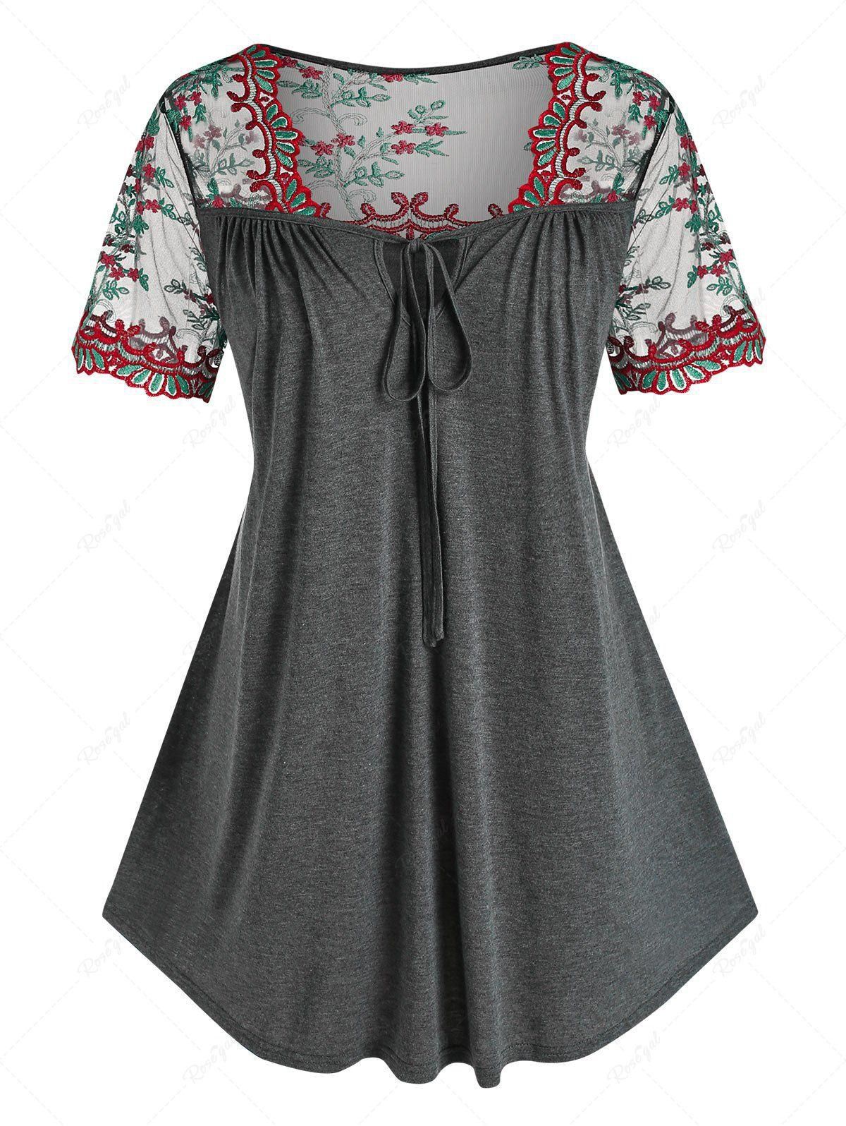 Plus Size Front Tie Embroidered Tee - L