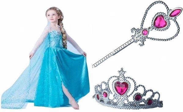 3 Pieces Elsa Anna Dress Frozen Blue With Rose Crown And Wand 2-3 Years