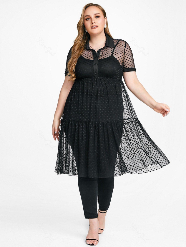 Plus Size Heart Pattern Longline Sheer Mesh Blouse and Camisole Twinset - L