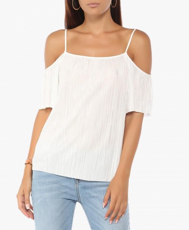 White Pleated Open Shoulder Top
