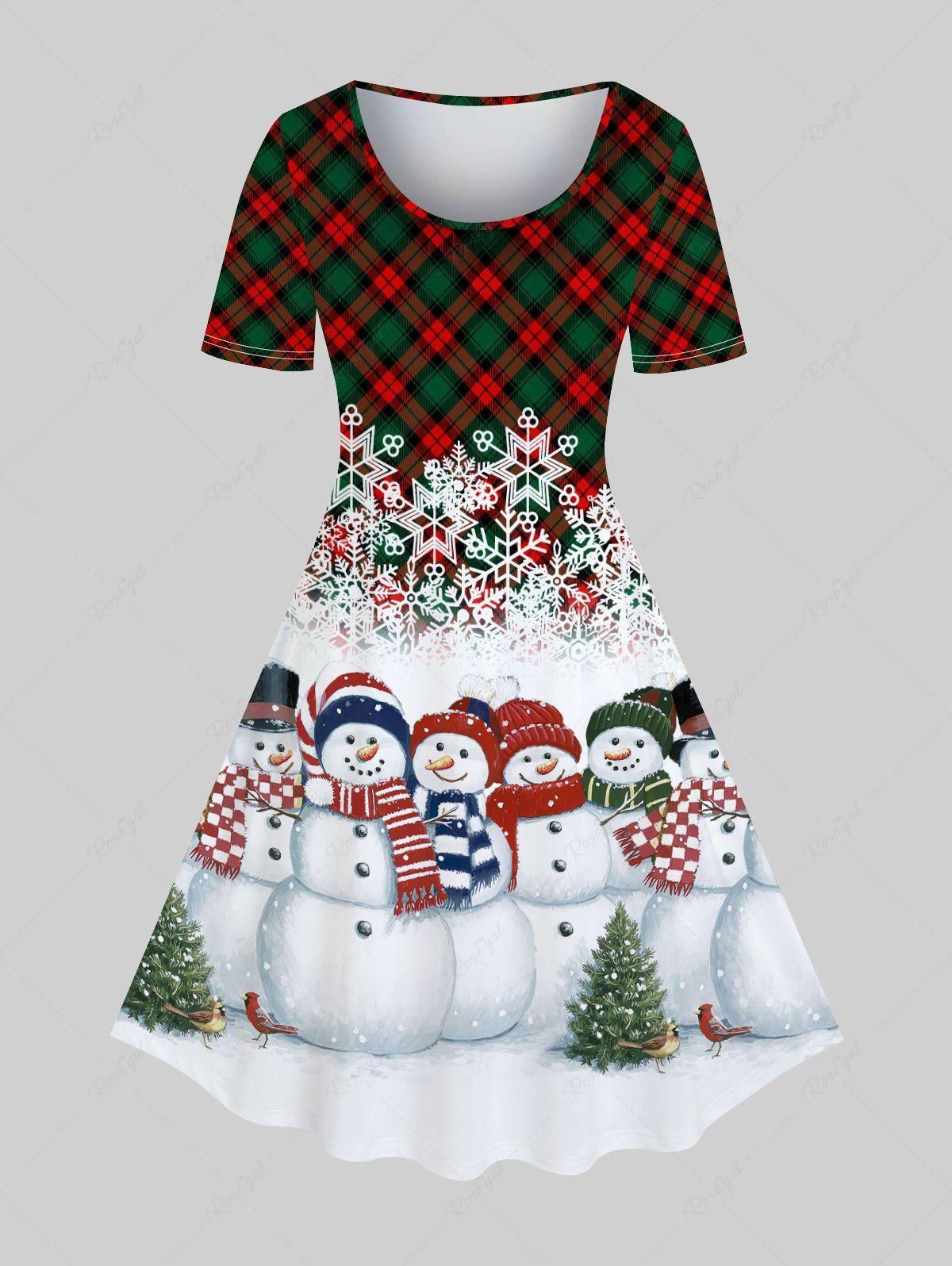 Plus Size Christmas Plaid Snowman Print Knee Length Dress - 4x | Us 26-28