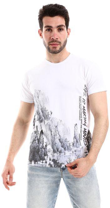 Pavone Self Patterned Round Neck Short Sleeves White & Grey T-Shirt