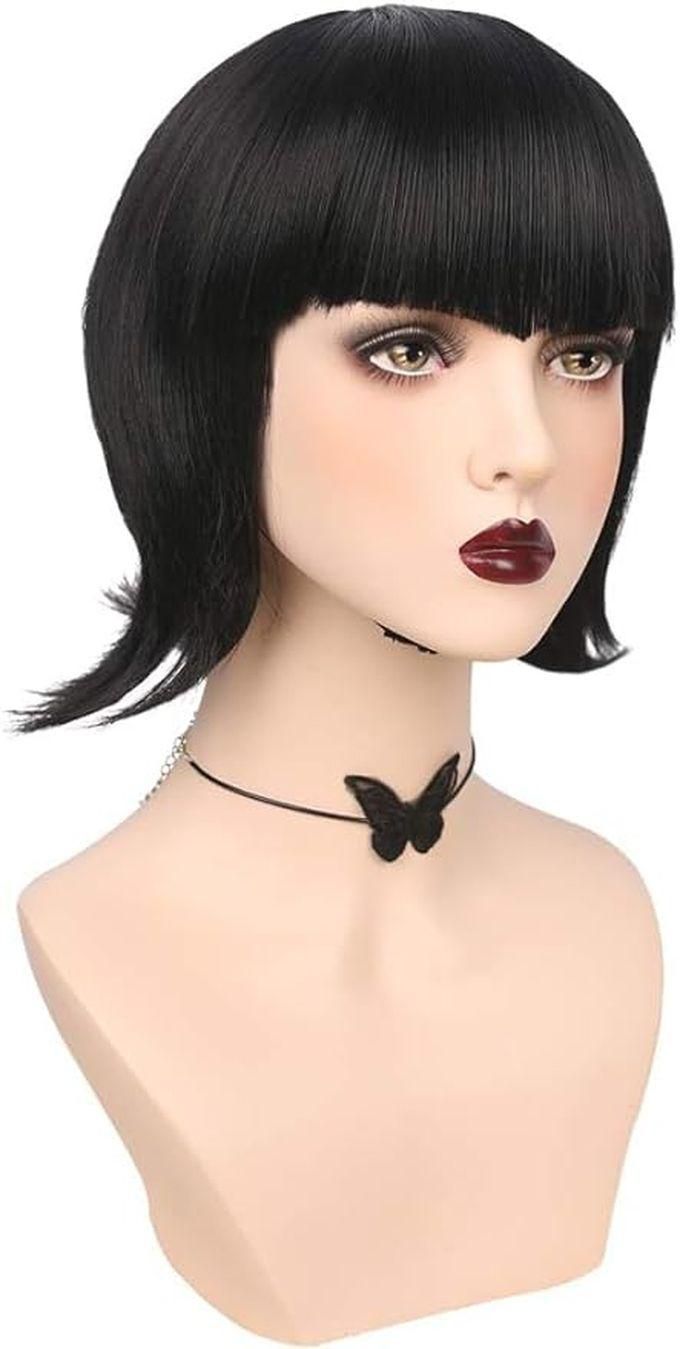 Short Black Hair Wig, Straight Synthetic Hair With Bangs And Folded Ends For Cosplay Costumes