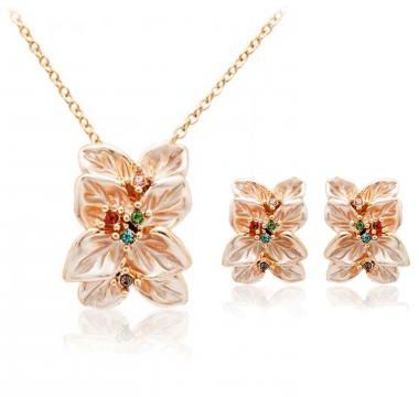 18K Gold Plated Austrian Crystal Leafs Jewellery Set White