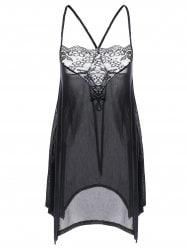 Plus Size Lace Trim Asymmetrical Sheer Babydoll Nightdress - Black - 3xl