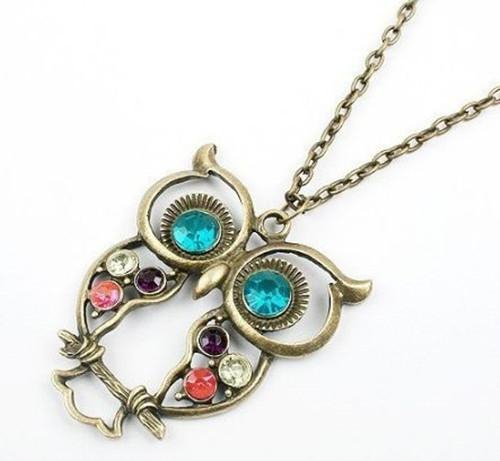 Vintage Zinc Alloy Owl Long Necklace with Color Stones