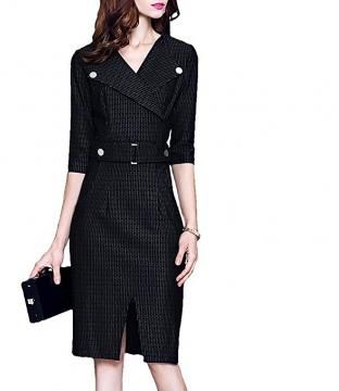 Career Pencil Dress V Neck Business Dress Female Buttocks Slim Bodycon Dress black S