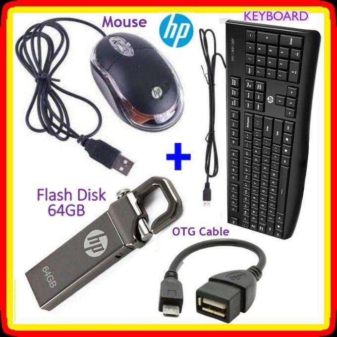 HP Wired Optical Mouse +Flash Disk 64GB + OTG Cable + Keyboard