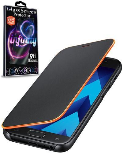 Infinity Neon Flip Cover for Samsung Galaxy A7 2017 - Black + Infinity Glass Screen Protector
