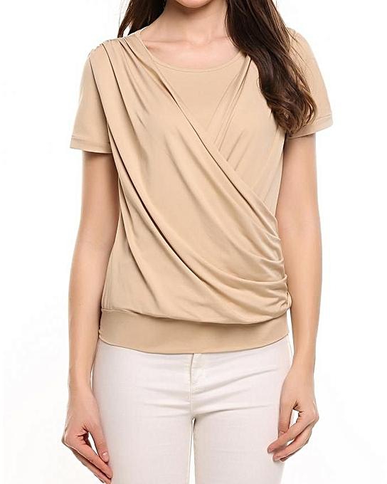ZEAGOO Casual O-Neck Short Sleeve Solid Front Cross Pleated Elastic False Two Pieces Loose Pullover T-Shirt-Beige