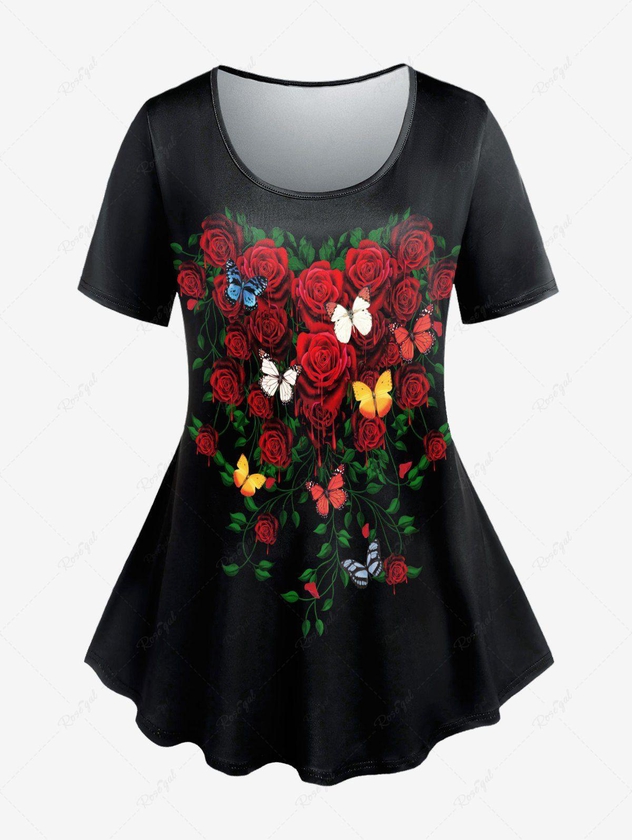 Plus Size Rose Butterfly Printed Short Sleeves Tee - 5x | Us 30-32
