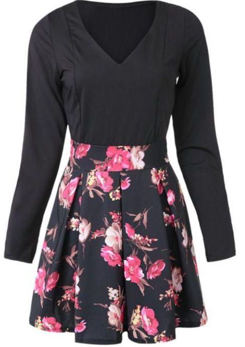 Fashion Sexy Spliced A-Line Floral Dress - Black