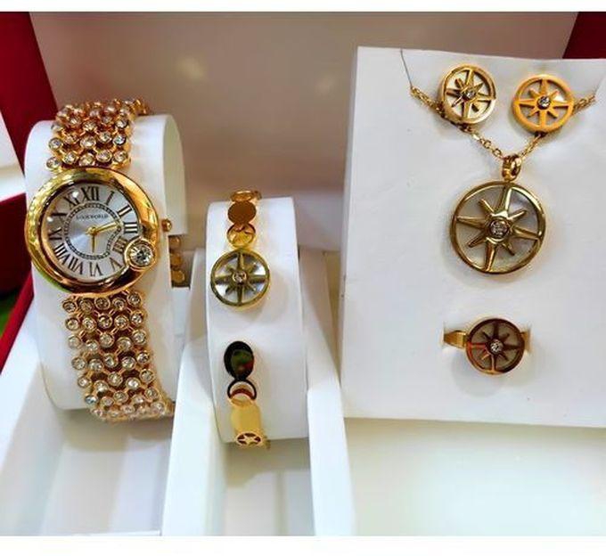 Lookworld Ladies Desired Beauty Gold Wrist Watch For Super Boss Ladies +Top Necklace/Bracelet/Earrings