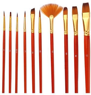 10-Piece Artist Paintbrush Set With Nylon Hair Red