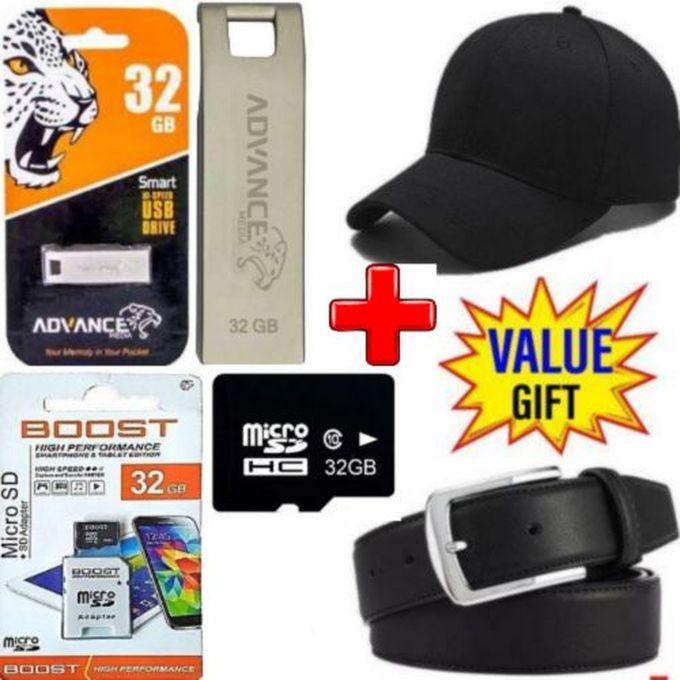 Advance Storage And Style Fusion: 32GB Flash Disk, 32GB Memory Card, Cap, And Belt Set