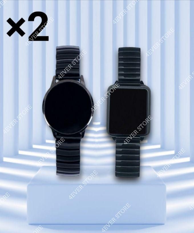 Set Of 2 Black Digital Touchscreen (Circular/Square) Watch With Elastic Strap