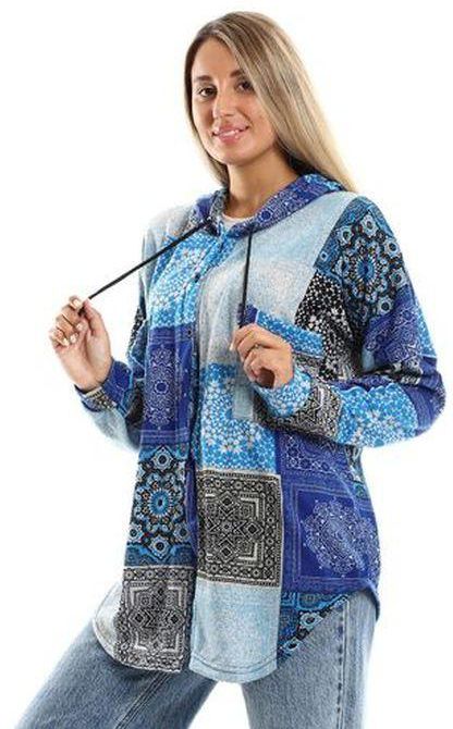 Andora Full Buttons Patterned Hooded Neck Shirt - Sky Blue & Blue