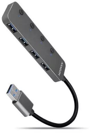 AXAGON HUE-MSA, 4x USB 3.2 Gen 1 SWITCH hub, metal, micro USB nap. connector, USB-A cable 20cm
