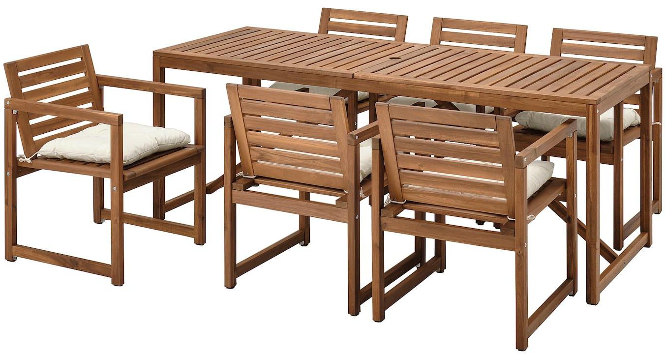 NÄMMARÖ Table+6 chairs w armrests, outdoor - light brown stained/Kuddarna beige