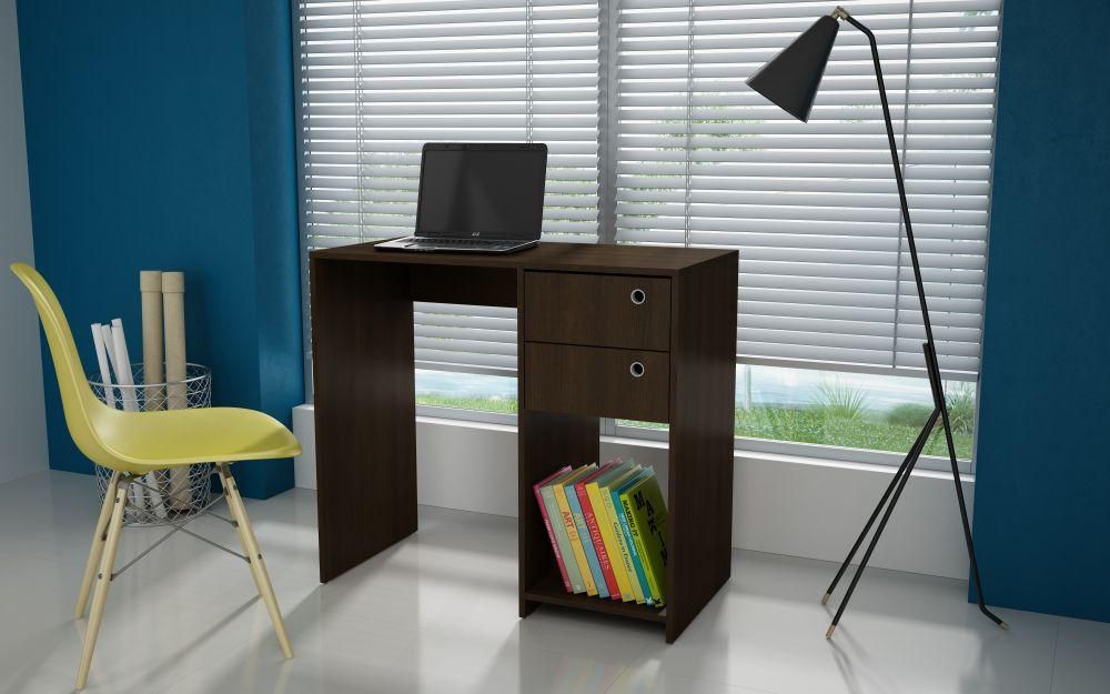 BRV Moveis Computer Desk With Two Drawers And One Shelf, Brown - 90 x 81 x 45 cm