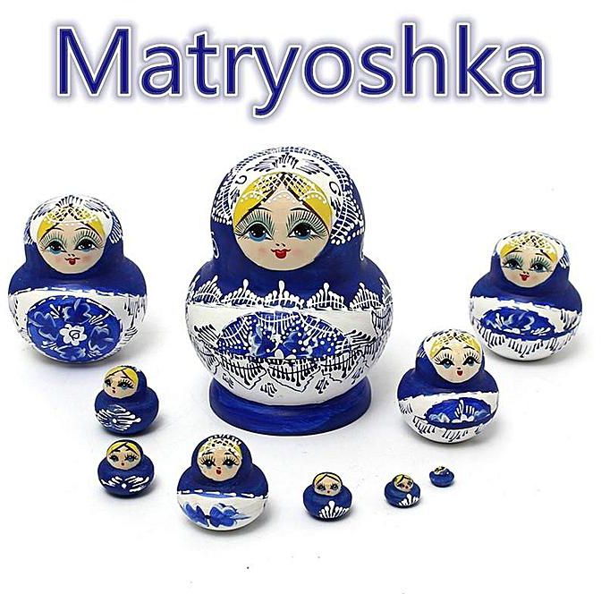 10Pcs Wooden Babushka Russian Nesting Doll Hand Painted Blue Woman Girls Figures 