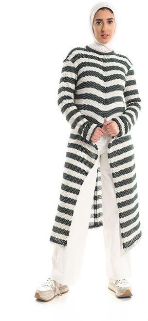 Kady Striped Cotton Long Tunic Top With Front Slit - Olive & White
