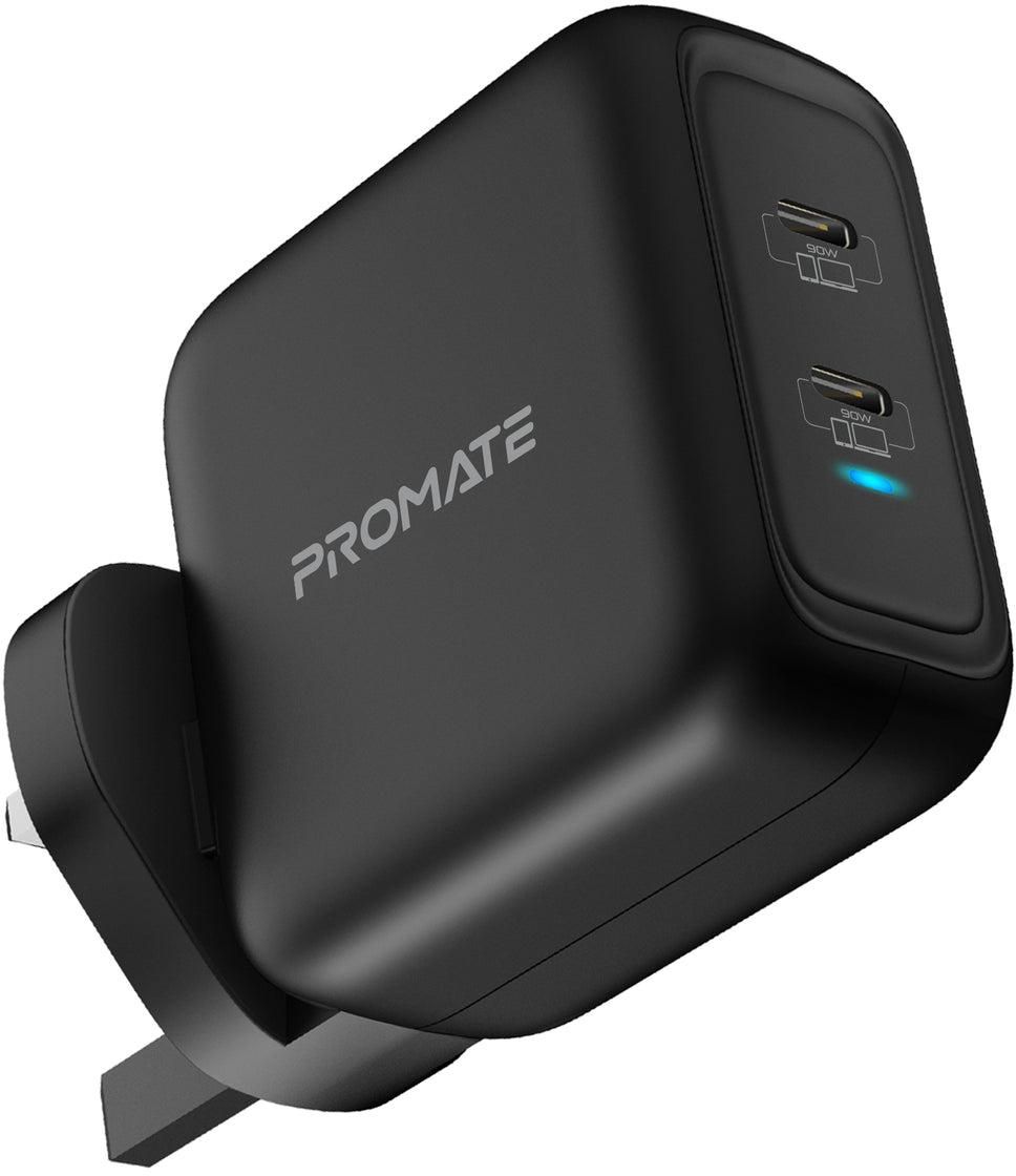 Promate GaN USB-C Charger, Powerful 90W Dual USB-C Laptop Charger with Fast Charging GaN Technology Power Delivery Wall Adaptor and Adaptive Fast Charging for MacBook Pro, iPad Pro, iPhone 12 Series, iPad Air, GaNPort-90PD