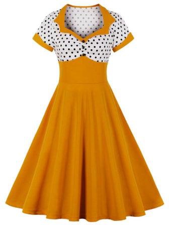 Polka Dot Printed Elegant Dress Mustard Yellow/White/Black