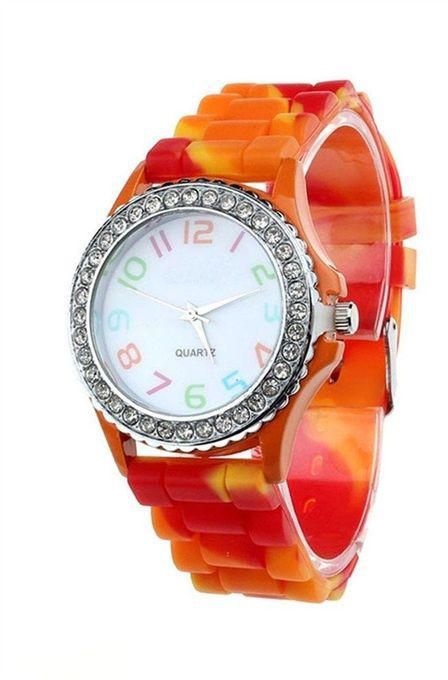 Duoya Women Geneva Silicone Crystal Bling Analog Digital Quartz Wrist Watch OR-Orange