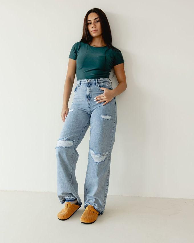 Pavo Light Blue Ripped Wide Leg Jeans