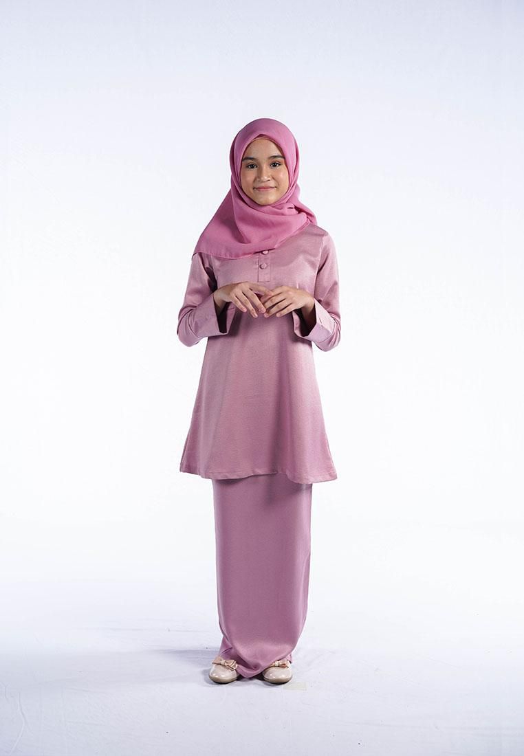 Motherchild Tun Teja Kurung Kids Buttoned Dress - 5 Sizes (Dusty Pink)
