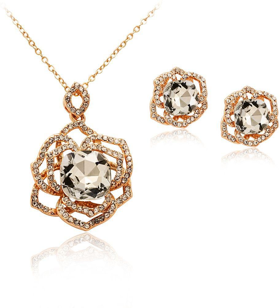 Mysmar Yellow Gold Plated White Crystal Flower Jewelry Set [MM380]