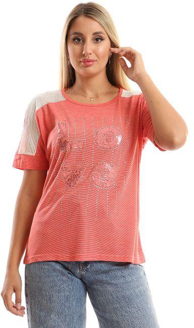 Kady Stitched Shiny Love With Strass Slip On Top - Coral Red