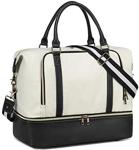 CAMTOP Women Ladies Travel Weekender Bag Overnight Duffel Carry-on Tote Bag fit 15.6 Inch Laptop Computer, 6012 Beige & Black
