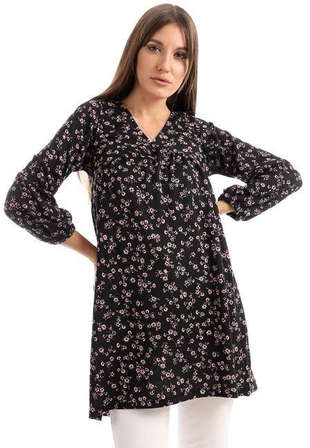 Kady Floral V-Neck Blouse With Elastic Cuffs - Multicolour Black & Rose