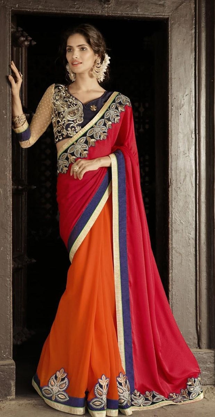 Beogees Pure Georgette Embroidered Saree Orange and Red - Free Size